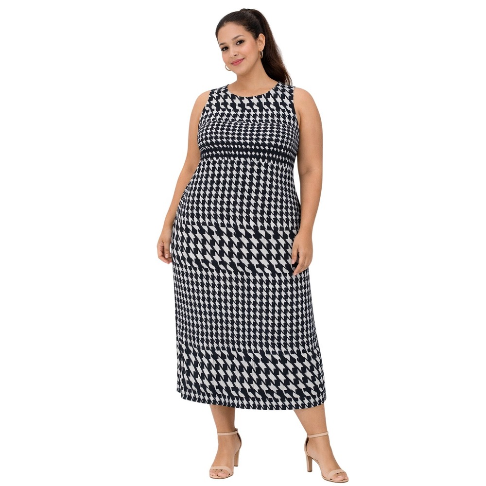 Ashley Stewart‎ Black White Houndstooth Midi Dress Sleeveless Office Size 14
